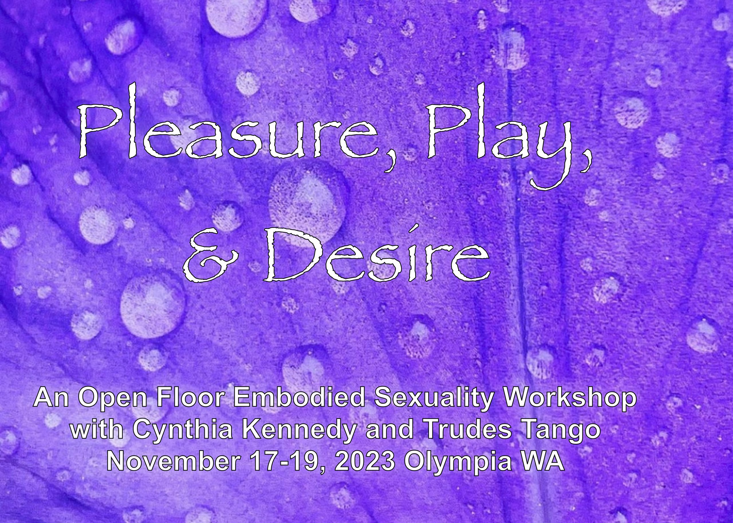 Pleasure, Play, and Desire: An Open Floor Embodied Sexuality Workshop with Cynthia Kennedy and Trudes Tango. November 17-10th 2023 in Olympia, WA